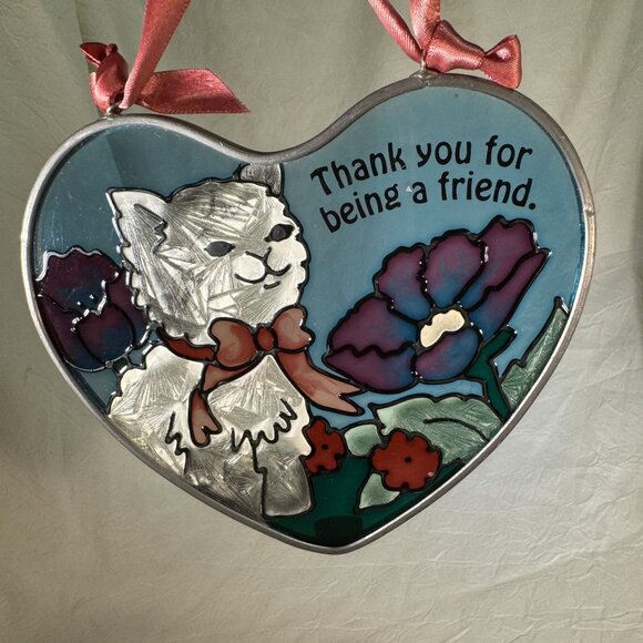 Joan Baker Designs Handpainted Stained Glass/Sun Catcher Gray Cat w/ Flowers - Picture 3 of 6